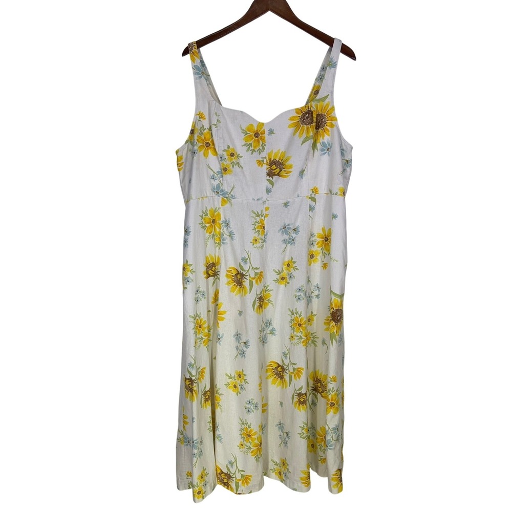 Old Navy Sunflower Sundress 2XL White Yellow Linen Blend Smocked Pockets Boho